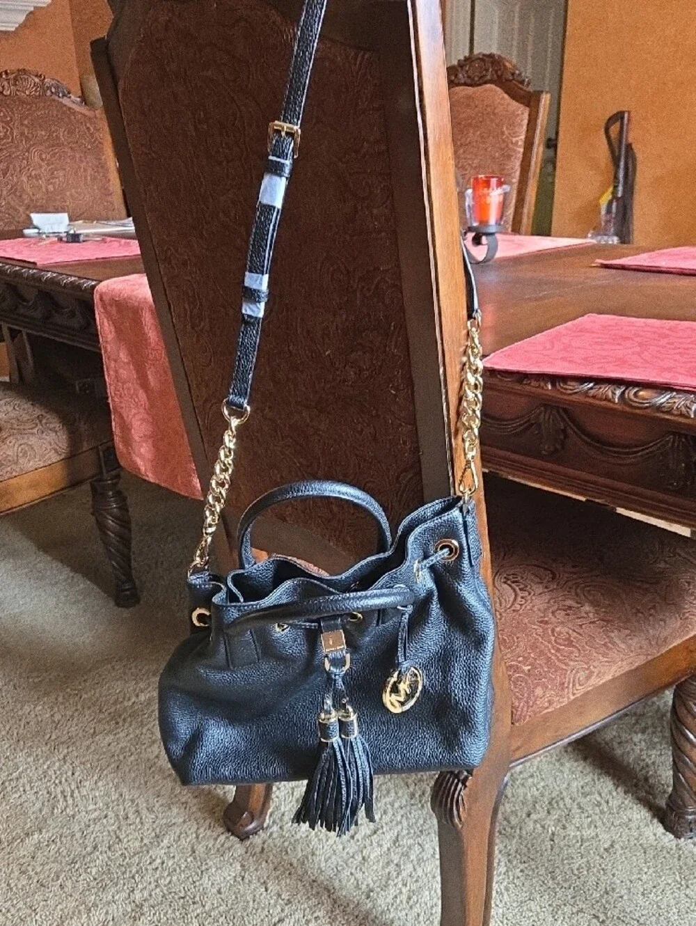 Michael Kors Black Leather Tassel Drawstring Satchel with Gold Hardware